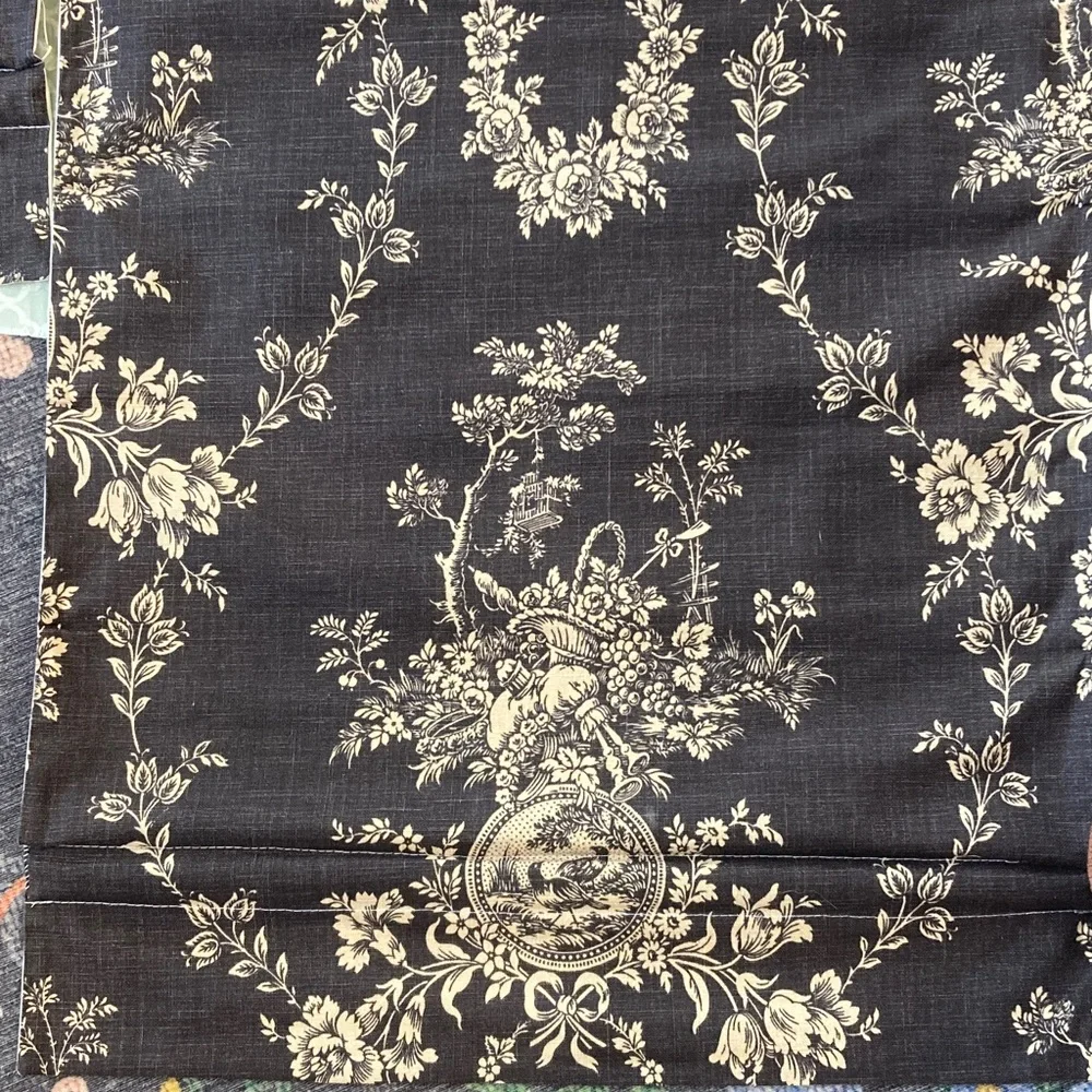 Set of Two French Door Relaxed Roman Shades Country House Toile Off Black Beige